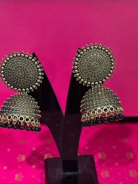 Gold-Tone Filigree Jhumka Earrings with Black Bead Fringe